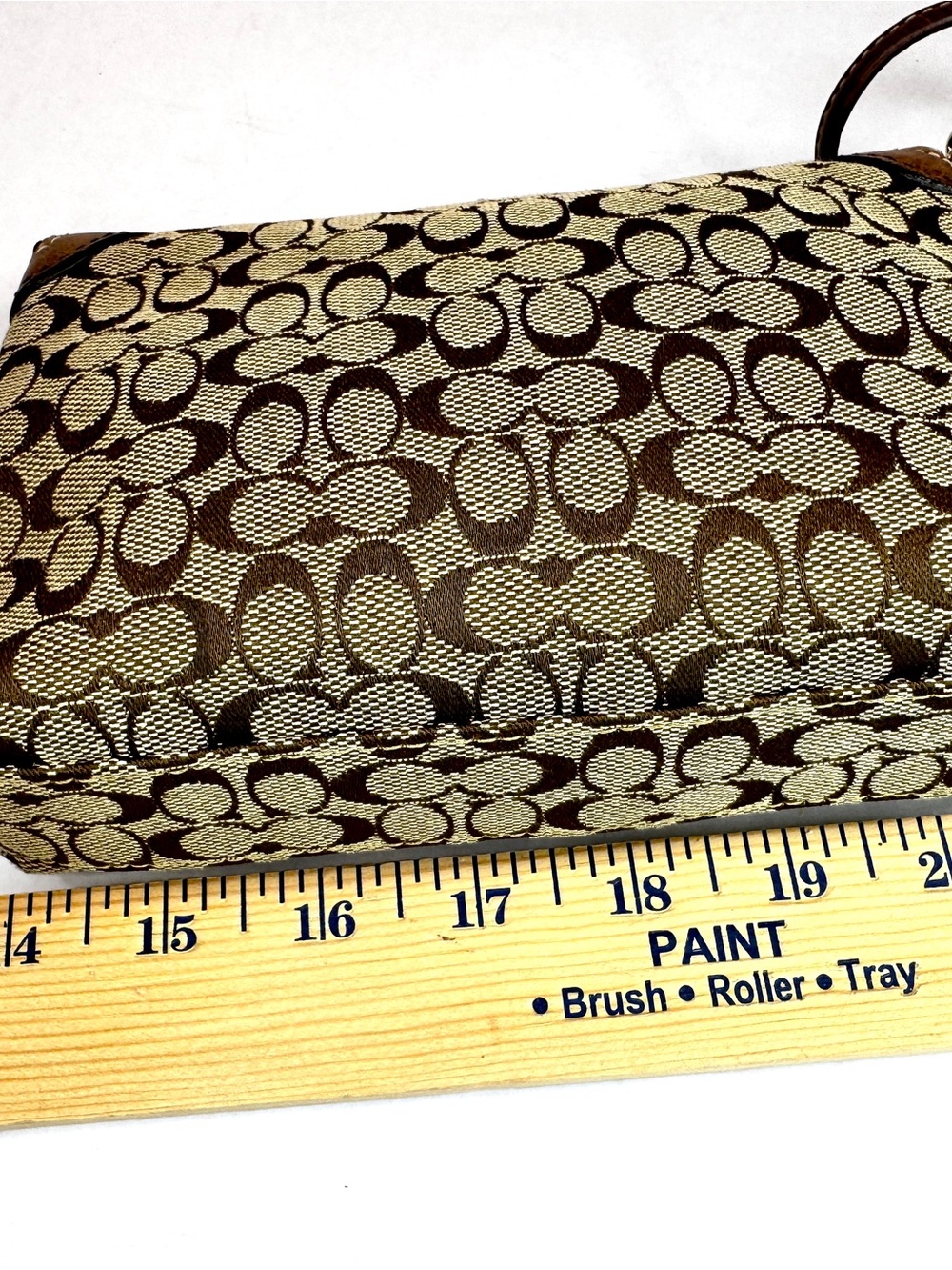 Coach Signature Canvas Turnlock Wristlet Clutch Khaki Brown Leather Trim - Picture 12 of 14